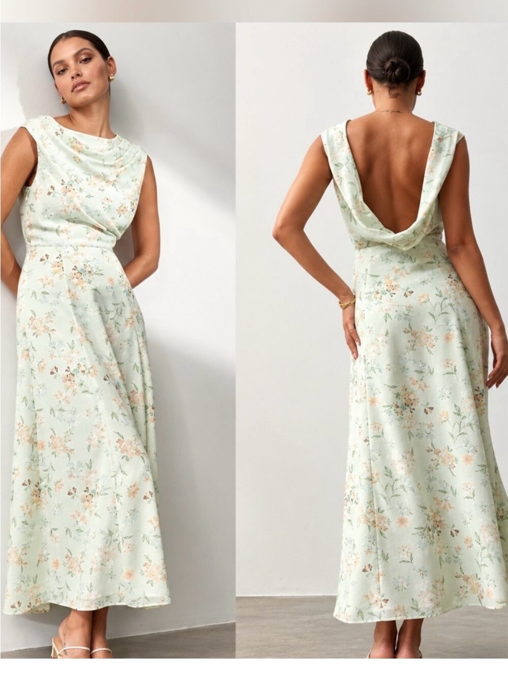 Cowl-Back Floral Maxi Dress in Mint — XL Tall